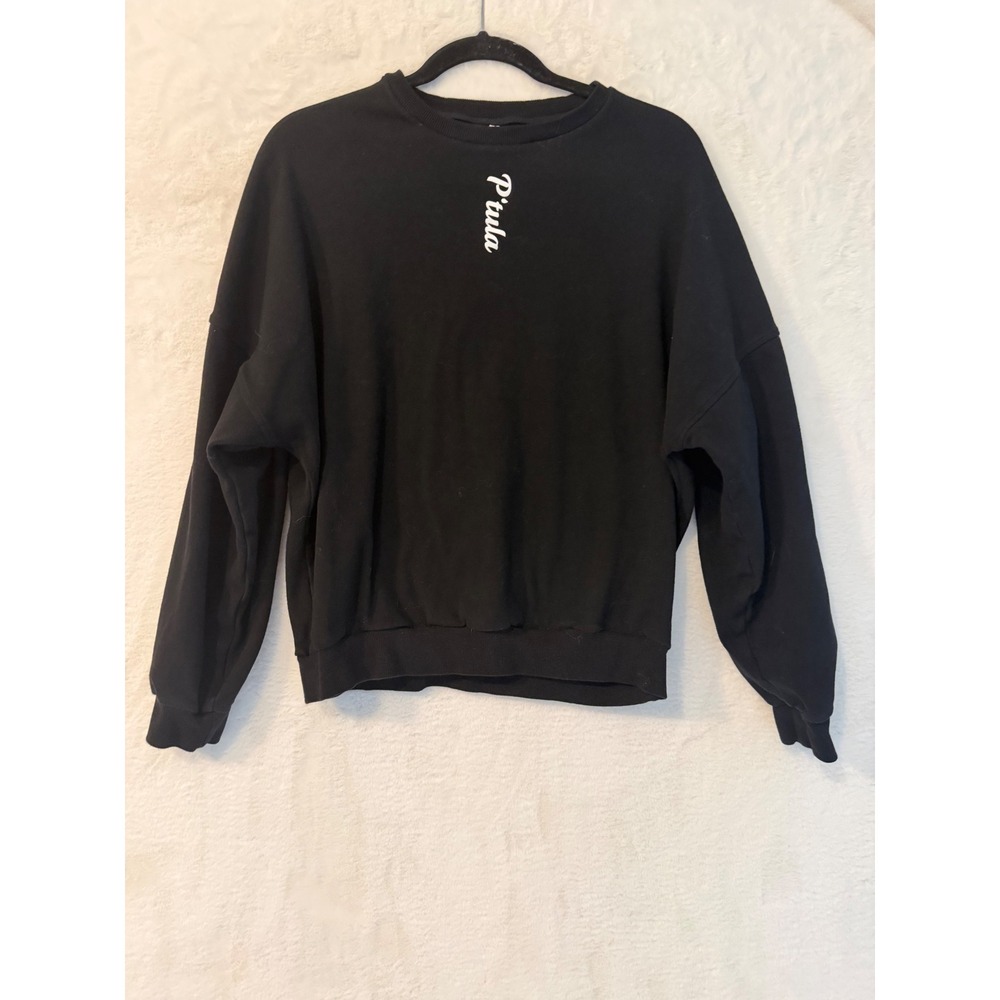 P'tula Women Medium Black Crewneck Sweatshirt Logo Pullover Athleisure Relaxed